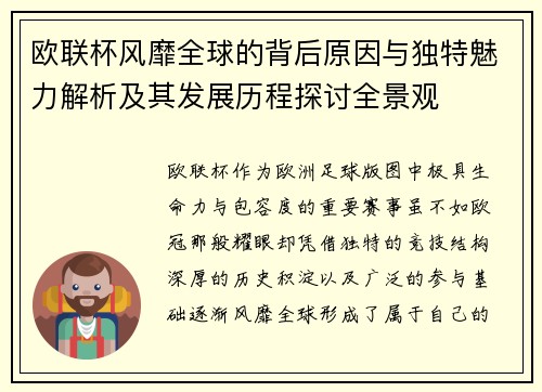欧联杯风靡全球的背后原因与独特魅力解析及其发展历程探讨全景观